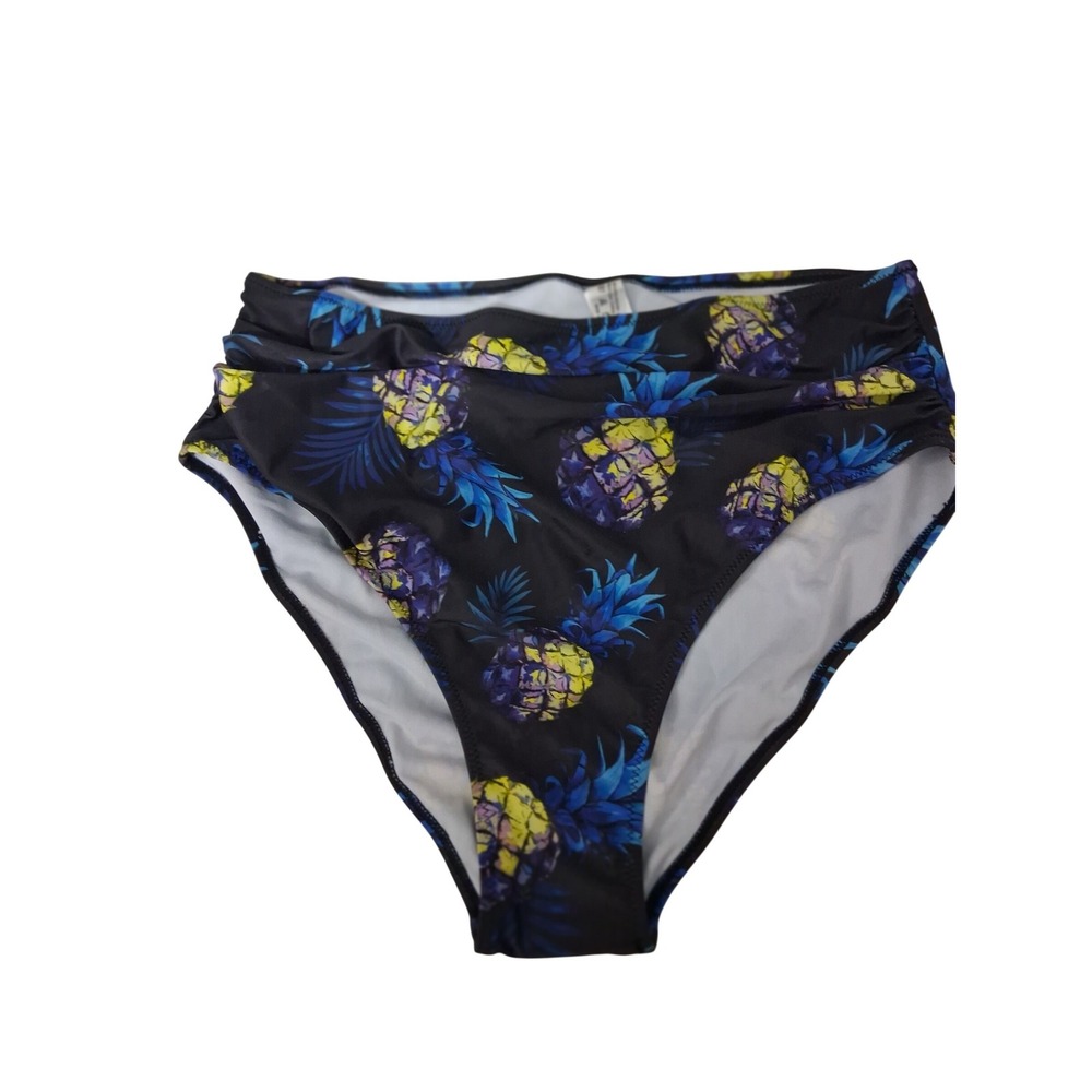 Tropical Pineapple Print High Waisted Bikini Bottoms Black Blue Yellow XL